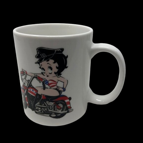 Betty Boop Coffee Mug Motorcycle Bike White Ceramic Red White Blue Cup Patriotic - Picture 1 of 7